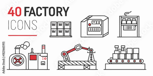 Set of 40 Factory and Industrial Icons in Line Art Style Keywords: factory, industrial, icon, set