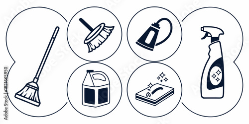 Cleaning Supplies Icons with Broom, Mop, Sprays, and Cleaning Fluid spray bottle
