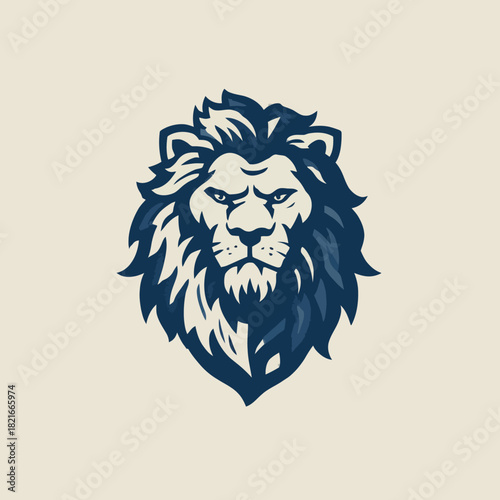 Powerful lion head graphic illustration in stylized indigo and cream, majestic wild animal, strength and courage symbol