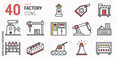 Collection of 40 Industrial and Factory Icons with Red and Yellow Accents Keywords: factory