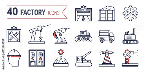 Assortment of 40 Factory and Industrial Icons in Outline Style Keywords: factory, industrial, icon