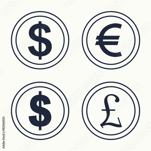 Four Currency Symbols in Circular Frames on White Background dollar euro