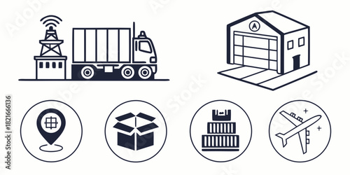 Logistics and Transportation Icons with Truck and Airplane on White container warehouse