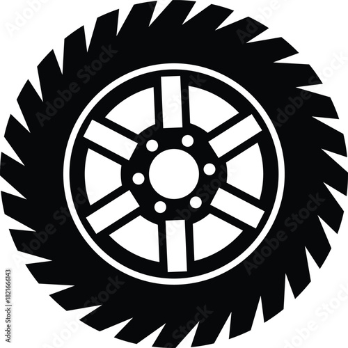 Black aggressive tread tire with silver rim wheel icon vehicle transport