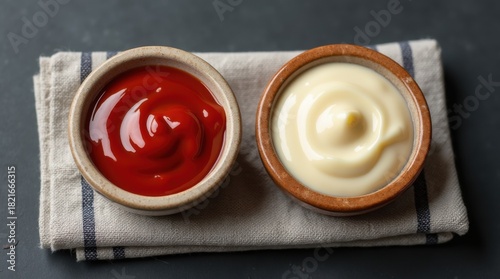 Two small bowls filled with ketchup and mayonnaise sit on a linen napkin against a dark slate background, perfect for condiment advertising 
