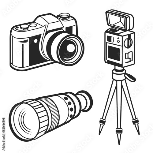 Camera Equipment Icons Including DSLR Lens and Tripod Keywords: camera, photography, DSLR, lens