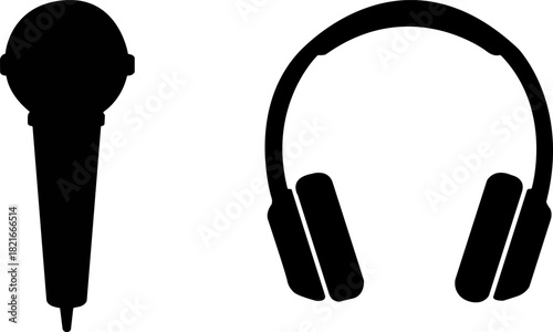 Iconic silhouette of a microphone and headphones for audio and music creation
