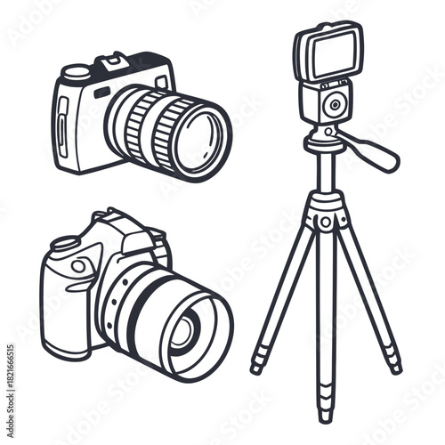 Collection of DSLR Cameras and Tripod with Screen Vector Illustration Keywords: camera, photography