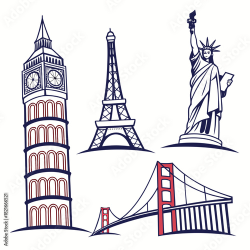 Famous World Landmarks Collection Big Ben Eiffel Tower Statue of Liberty Keywords: landmarks, travel