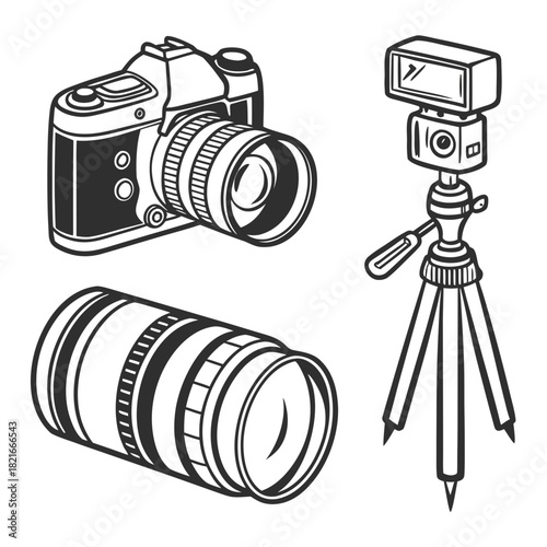 DSLR Camera Lens and Tripod with Flash Attachment Vector Art Keywords: camera, photography, DSLR