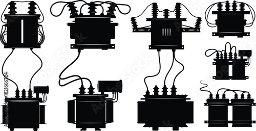 Silhouette illustration of various electrical transformers with cables and components showcasing industrial power equipment for energy distribution system vector design