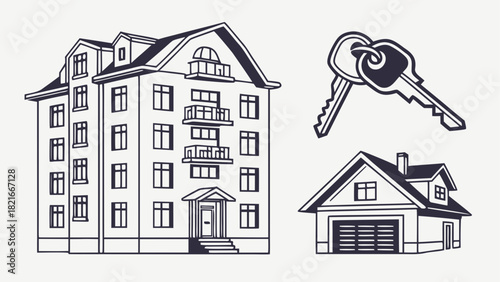 Detailed line art of an apartment building, a house with garage, and keys home real estate