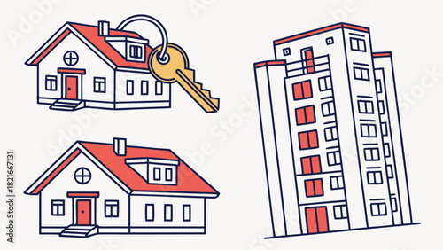 Colorful illustrations of houses, an apartment building, and a key home real estate