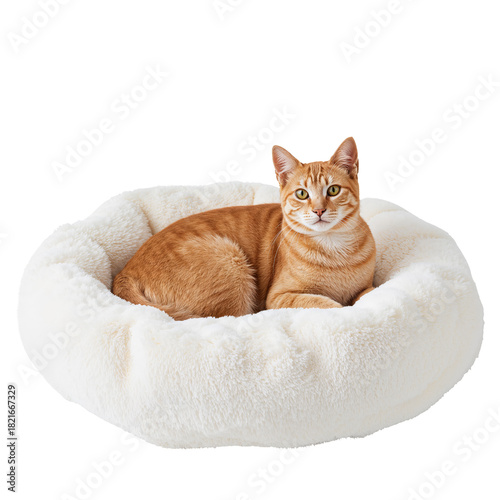 Cute Orange Cat Resting Comfortably in a Soft White Pet Bed at Home in the Af...
