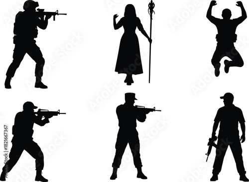 Collection of action silhouettes featuring soldiers with assault rifles in combat poses, a triumphant jumping figure, and a mysterious female fantasy character with a staff, ideal for gaming and 
