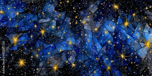Stained glass pattern featuring a starry night sky with vibrant blue hues and bright golden stars