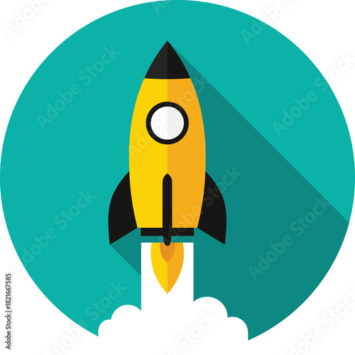 Yellow rocket ship launching with white smoke and teal background spaceship space