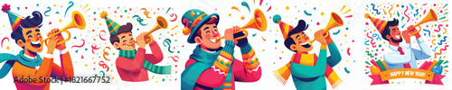 vector half body of a man blowing trumpet celebrating new year