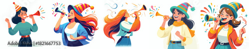 vector half body of a woman blowing trumpet celebrating new year
