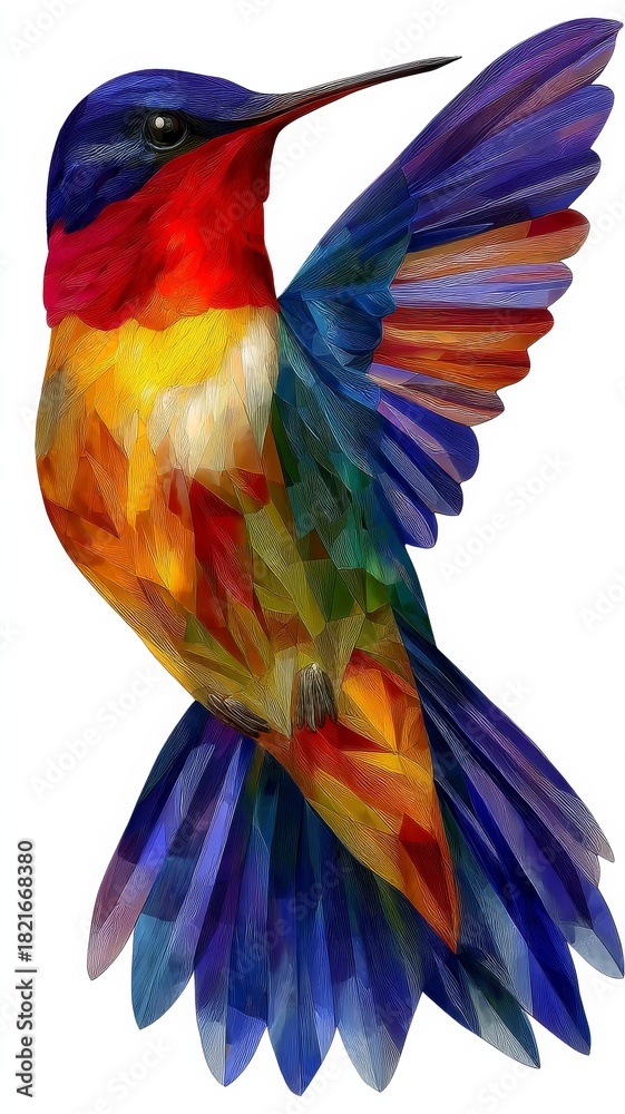 Obraz premium Vibrant hummingbird illustration with a mix of bright colors and intricate textures showcasing its feathers