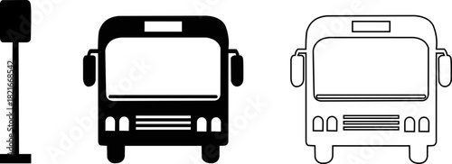 Two front views of buses, one solid black and one outline silhouette