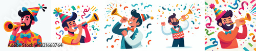 vector half body of a man blowing trumpet celebrating new year