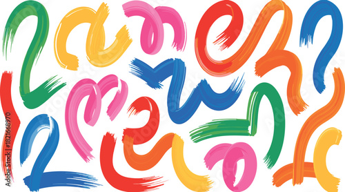 Colorful brushstroke icon set, abstract curved shapes, vibrant artistic design elements, expressive texture illustration, dynamic pattern