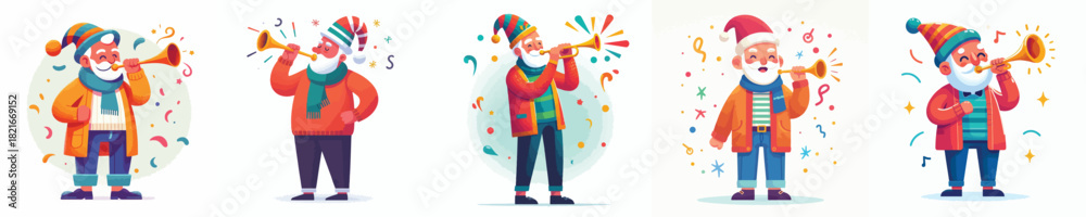 Naklejka premium vector grandfather blowing trumpet celebrating new year