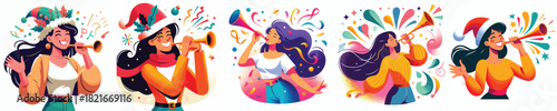 vector half body of a woman blowing trumpet celebrating new year