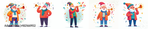vector grandfather blowing trumpet celebrating new year