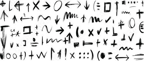 Hand-drawn symbol icon set, expressive arrows and math marks, abstract sketch design, creative graphic illustration