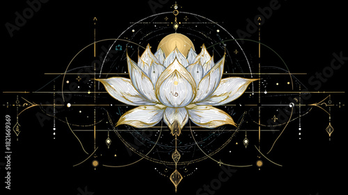 Elegant White Lotus Flower Illustration with Golden Sacred Geometry, Celestial Symbols, and Mystical Astrology Design on Black