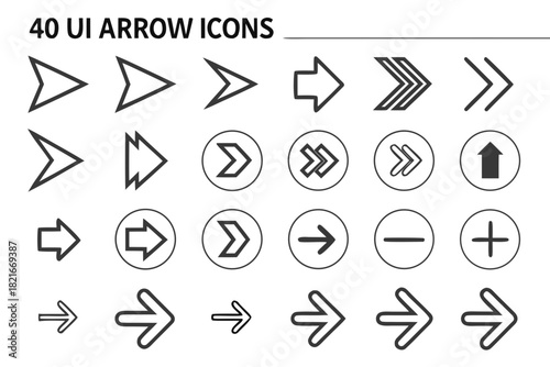 Collection of 40 UI arrow icons for navigation and direction in digital interfaces Keywords: arrow