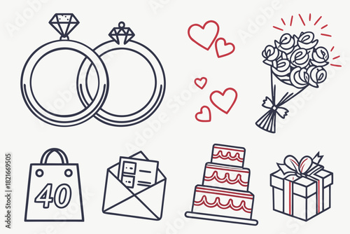 Wedding Anniversary Celebration Icons with Rings Cake and Gift Keywords: wedding rings, engagement