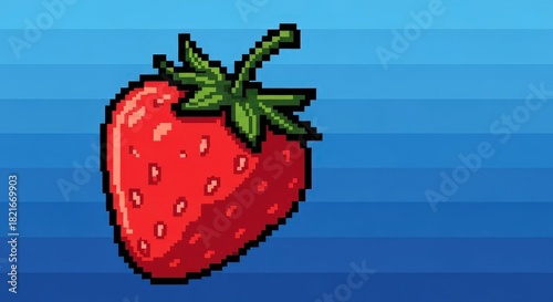 Pixel Art Strawberry on Blue Background in Retro Style with Bright Colors