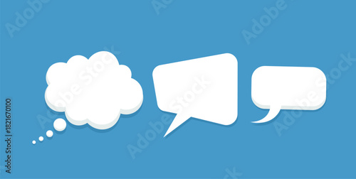 Three white speech and thought bubbles on a blue background speech bubble dialogue