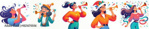 vector half body of a woman blowing trumpet celebrating new year