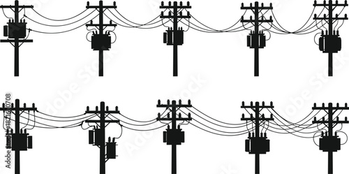 Silhouette illustration of utility poles with electrical transformers and power lines showing urban electricity distribution and energy infrastructure design elements.