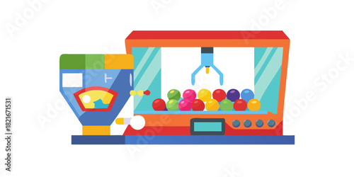 Colorful Arcade Claw Machine with Balls on White Background
