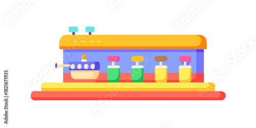 Colorful cartoon soda fountain machine with bottles