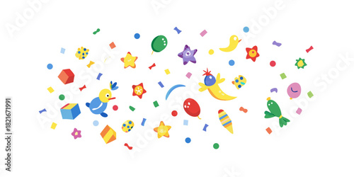 Colorful cartoon objects and confetti on a white background