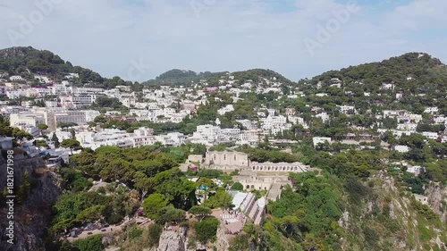 Aerial view of Capri island with white houses perched on