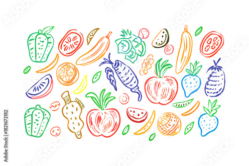 Colorful crayon doodle pattern of fruits and vegetables 2