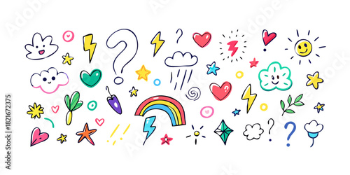 Colorful doodle collection with hearts stars and sun