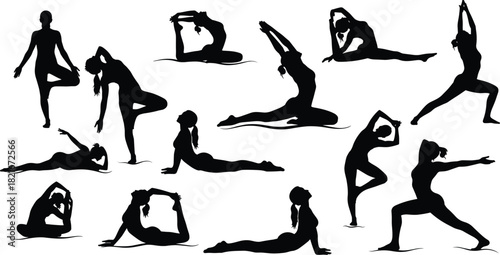 Extensive collection of black vector silhouettes of women performing diverse yoga, stretching, and fitness poses like Cobra, Warrior, and Tree, emphasizing balance, flexibility, wellness, and healthy 