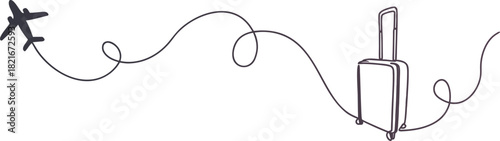 Continuous line drawing of an airplane and suitcase connected by a travel path. Minimal design capturing the spirit of adventure and movement. Ideal for tourism projects, branding, and creative 