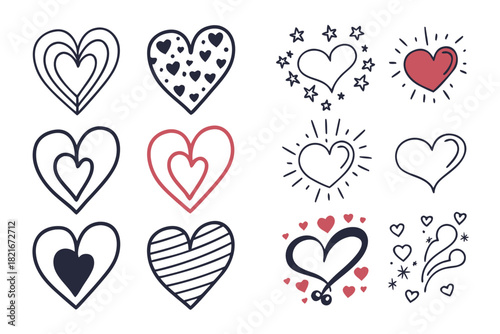 Assortment of hand-drawn heart shapes and decorative elements Keywords: heart, love, romance