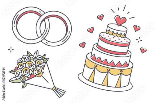 Romantic Wedding and Celebration Icons with Rings Cake and Flowers Keywords: wedding rings, engagement