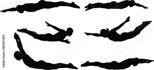 Set of black vector silhouettes of swimmers and divers in various dynamic underwater poses, showcasing aquatic sports, competitive swimming, graceful diving, and athletic movement, isolated on 
