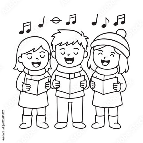 line art of children sing a song together cartoon vector